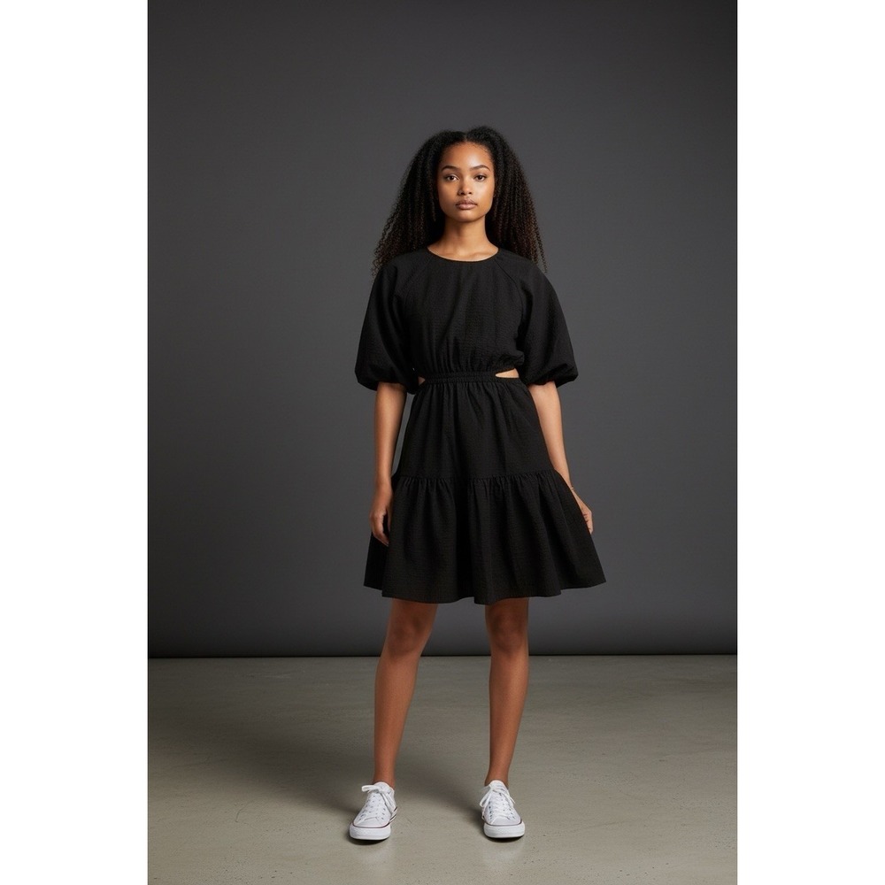 Madewell Seersucker Back Cutout Summer Dress Button Back Puff Sleeve Black L
